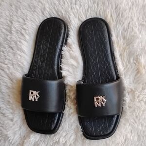 DKNY Black Slide Sandals with Metallic Logo